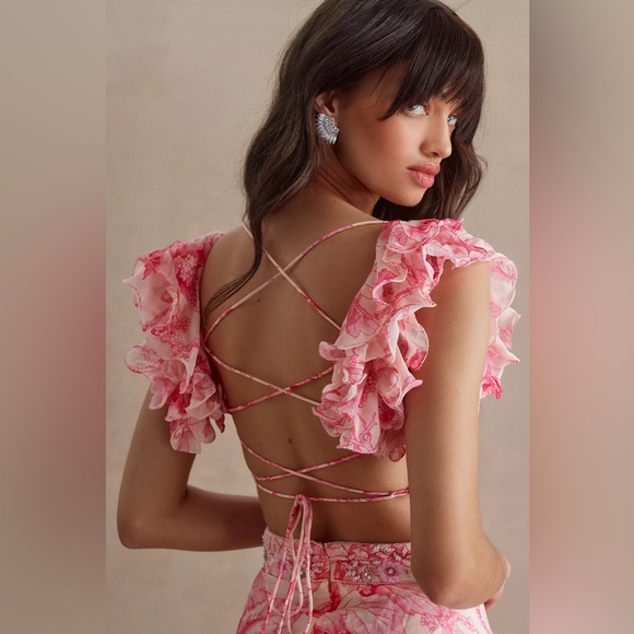 Mac Duggal Floral Flutter Cap-Sleeve V-Neck Lace-Up Gown Size 12 - Picture 2 of 8